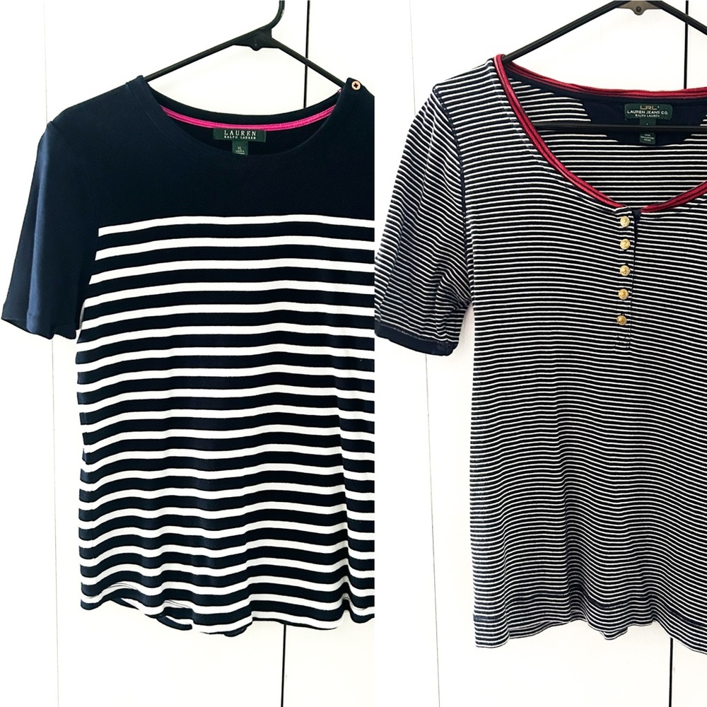 Two Lauren by Ralph Lauren short sleeve shirts w/ navy + white stripes, nautical